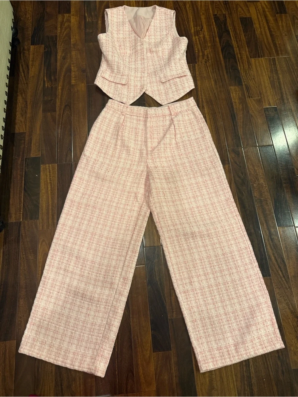 Commense 2 piece Sleeveless Pink Tweed Vest & Wide-Leg Pants Set